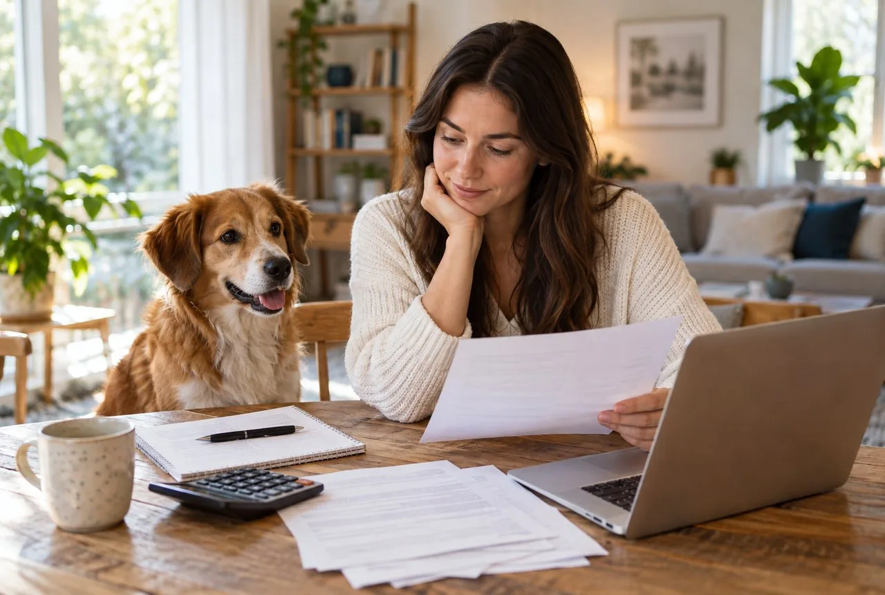 Owner reviewing paperwork and a calculator beside a dog at a kitchen table